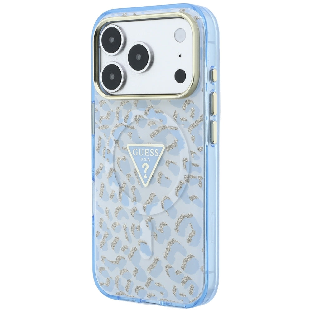 Funda MagSafe para Apple iPhone 18 Pro / 17 Pro, Guess, Logo Triángulo con Brillo Leopardo, Azul