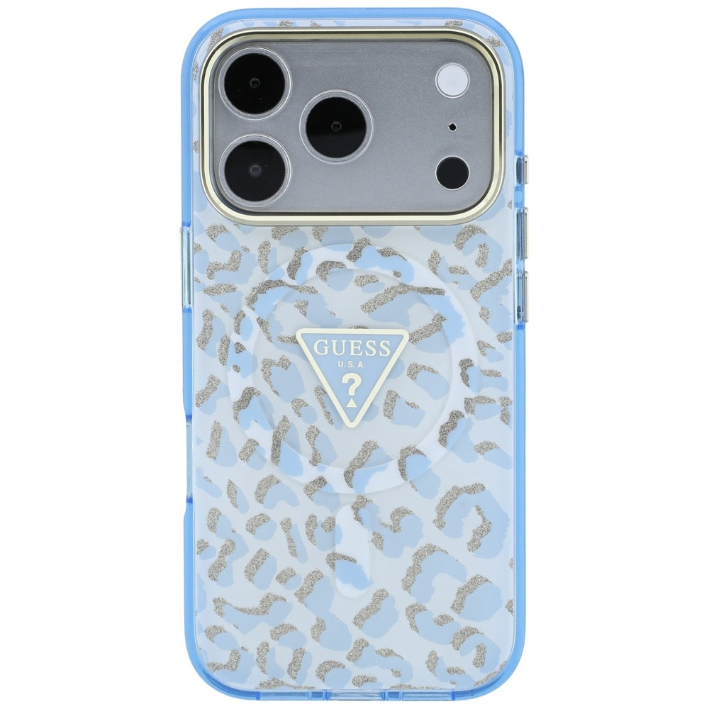 Funda MagSafe para Apple iPhone 18 Pro / 17 Pro, Guess, Logo Triángulo con Brillo Leopardo, Azul