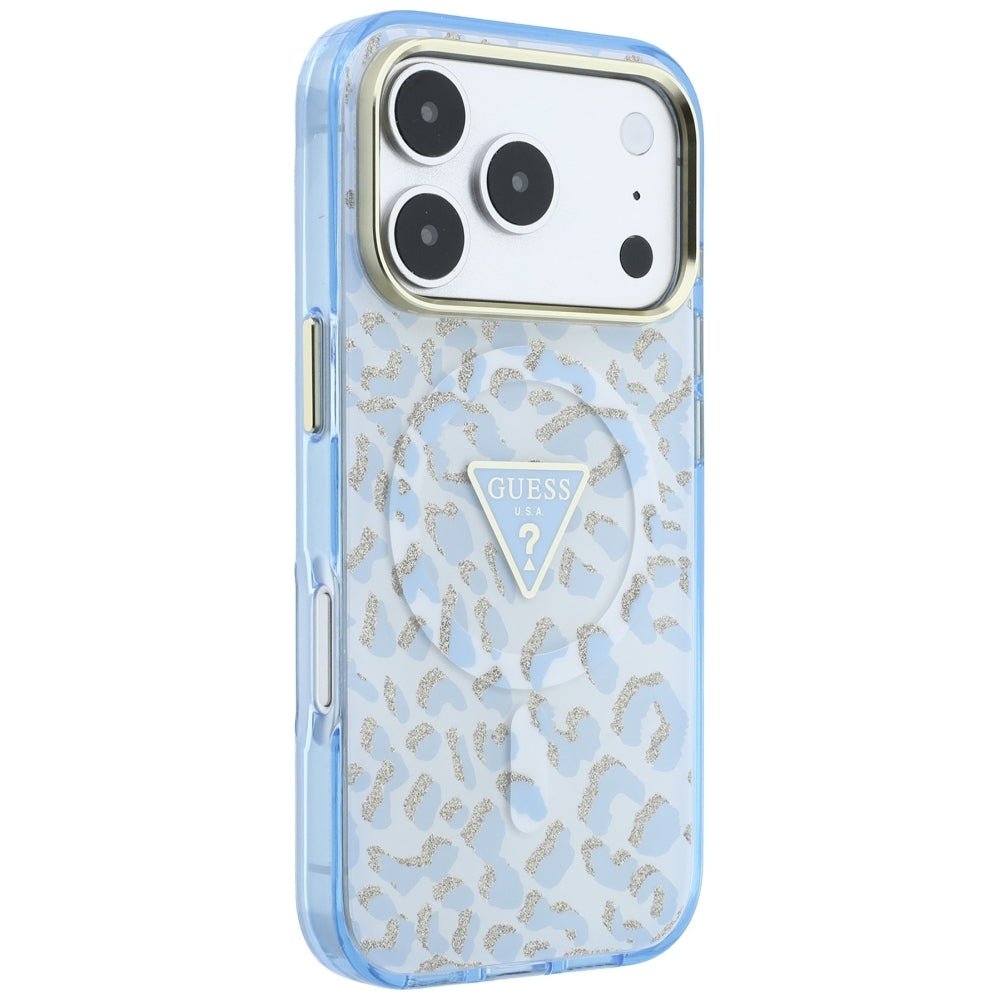 Funda MagSafe para Apple iPhone 18 Pro / 17 Pro, Guess, Logo Triángulo con Brillo Leopardo, Azul