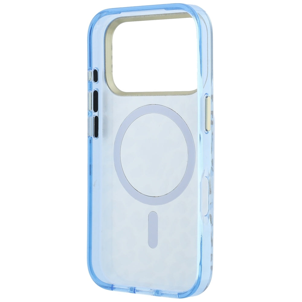 Funda MagSafe para Apple iPhone 18 Pro / 17 Pro, Guess, Logo Triángulo con Brillo Leopardo, Azul