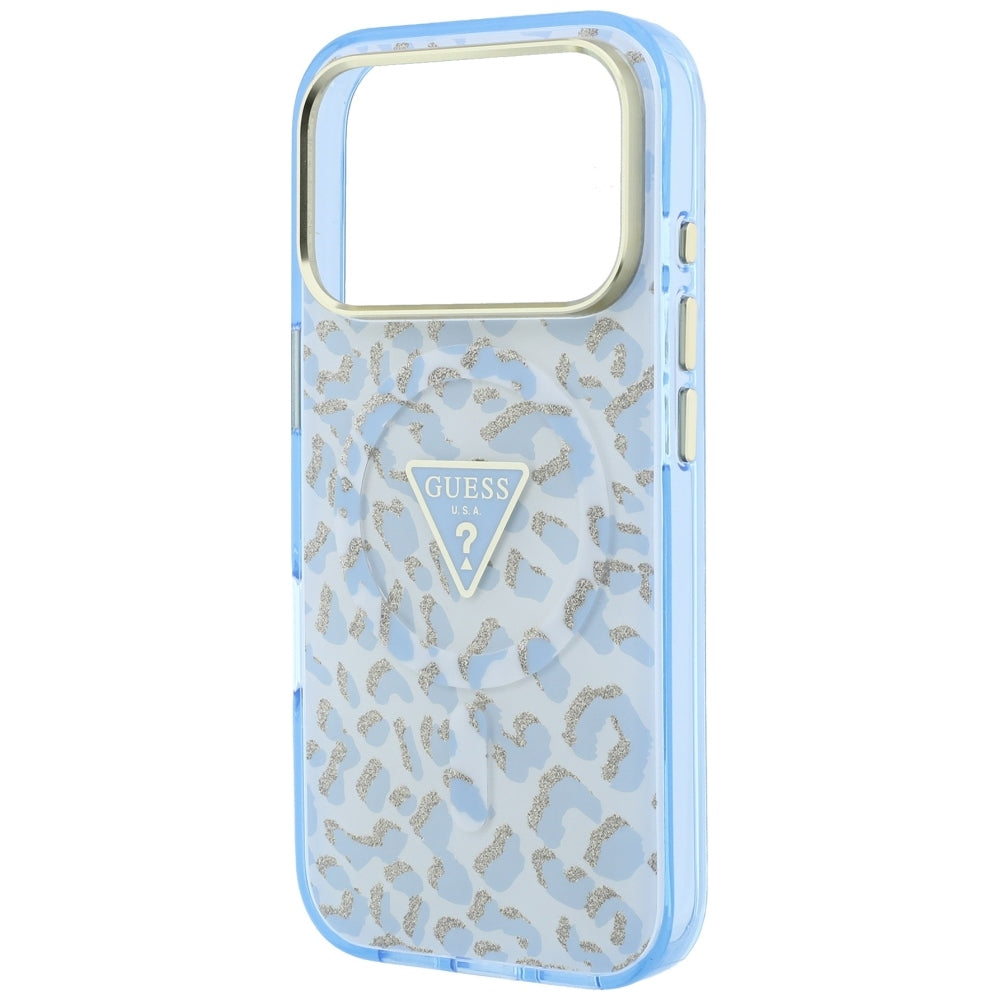 Funda MagSafe para Apple iPhone 18 Pro / 17 Pro, Guess, Logo Triángulo con Brillo Leopardo, Azul