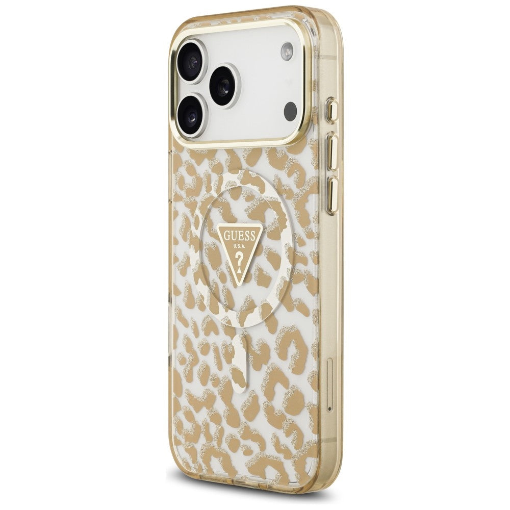 Funda MagSafe para Apple iPhone 18 Pro / 17 Pro, Guess, Logo Triángulo con Purpurina de Leopardo, Marrón