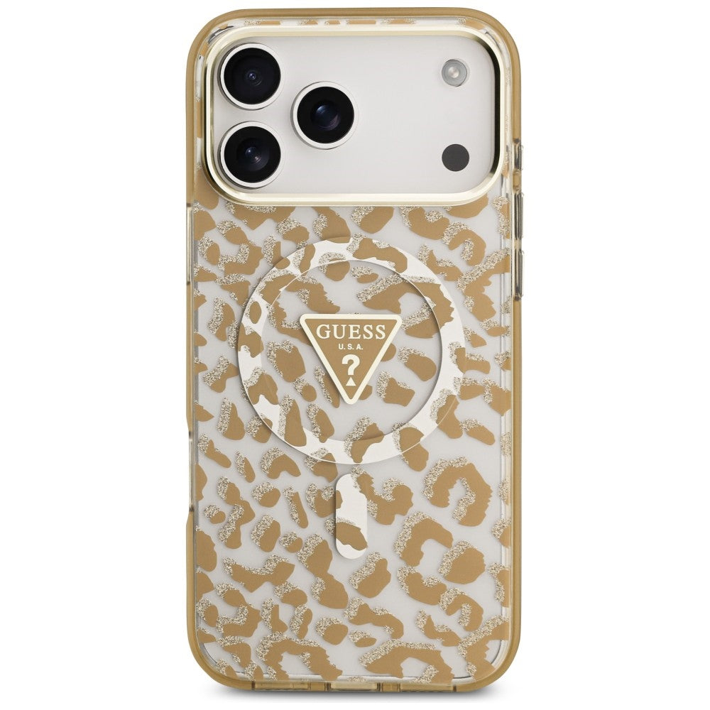 Funda MagSafe para Apple iPhone 18 Pro / 17 Pro, Guess, Logo Triángulo con Purpurina de Leopardo, Marrón