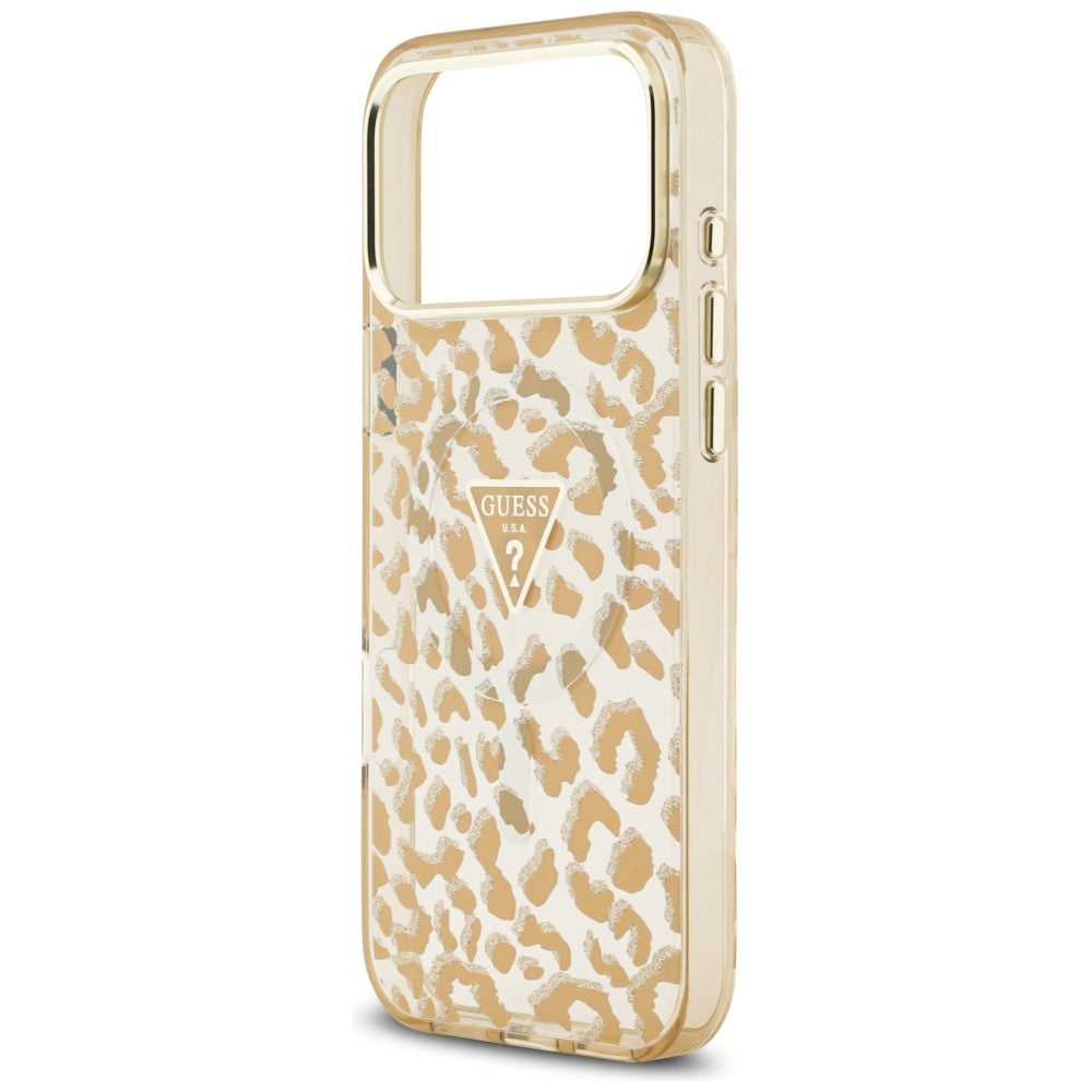 Funda MagSafe para Apple iPhone 18 Pro / 17 Pro, Guess, Logo Triángulo con Purpurina de Leopardo, Marrón