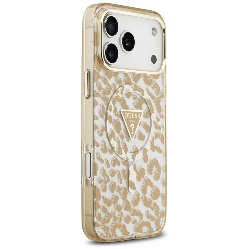 Funda MagSafe para Apple iPhone 18 Pro / 17 Pro, Guess, Logo Triángulo con Purpurina de Leopardo, Marrón