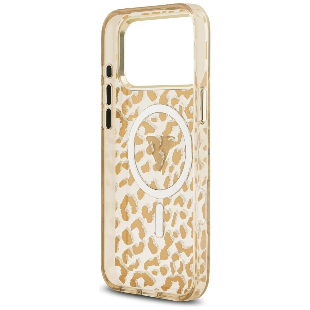 Funda MagSafe para Apple iPhone 18 Pro / 17 Pro, Guess, Logo Triángulo con Purpurina de Leopardo, Marrón