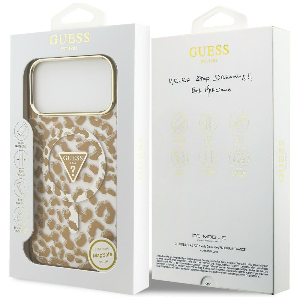 Funda MagSafe para Apple iPhone 18 Pro / 17 Pro, Guess, Logo Triángulo con Purpurina de Leopardo, Marrón