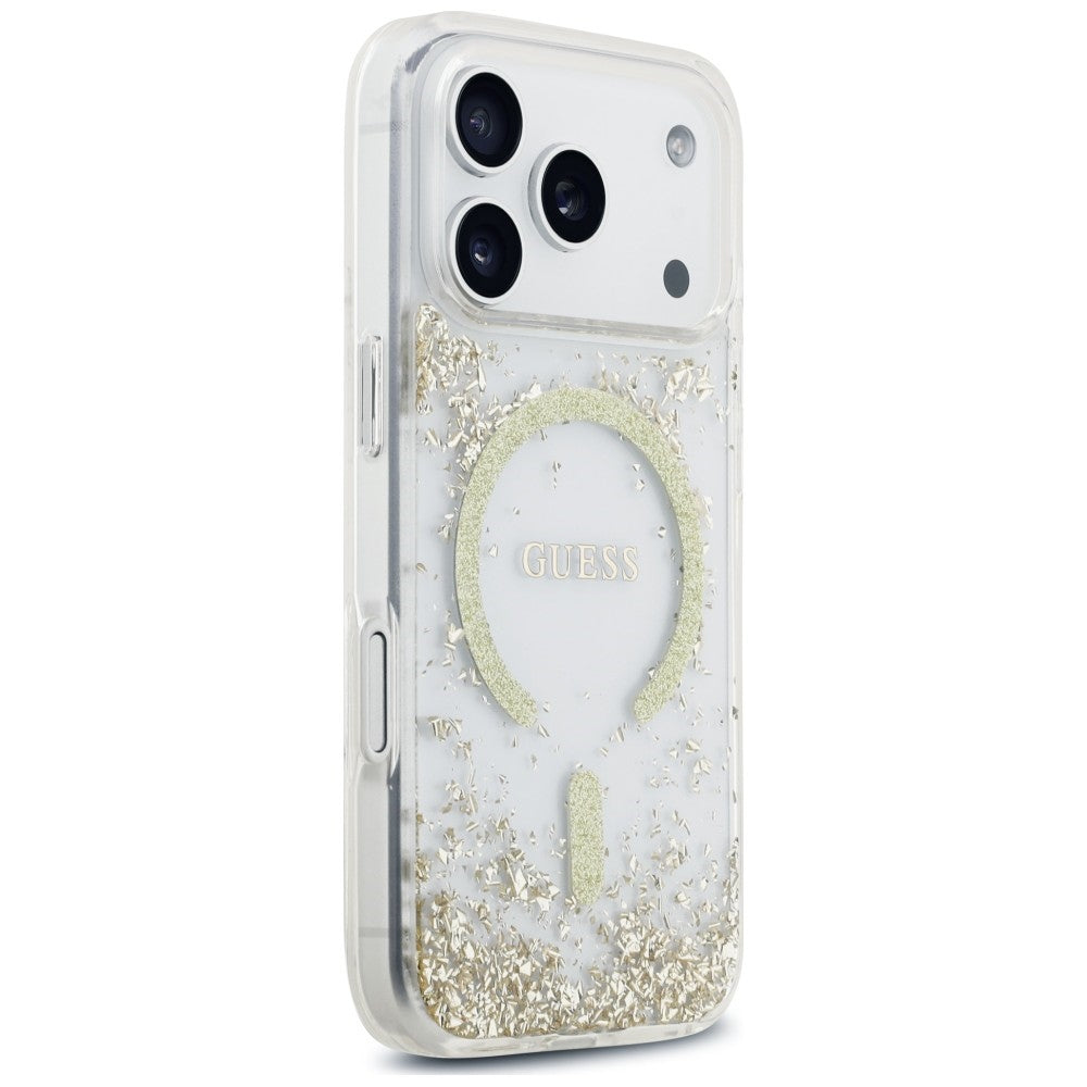 Funda MagSafe para Apple iPhone 18 Pro / 17 Pro, Guess, Fondo de Resina con Brillantina, Dorada