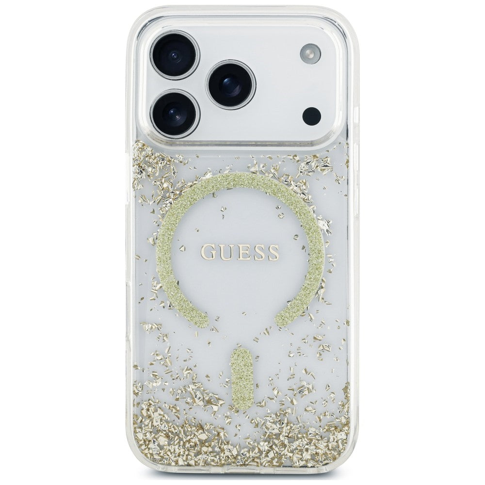 Funda MagSafe para Apple iPhone 18 Pro / 17 Pro, Guess, Fondo de Resina con Brillantina, Dorada