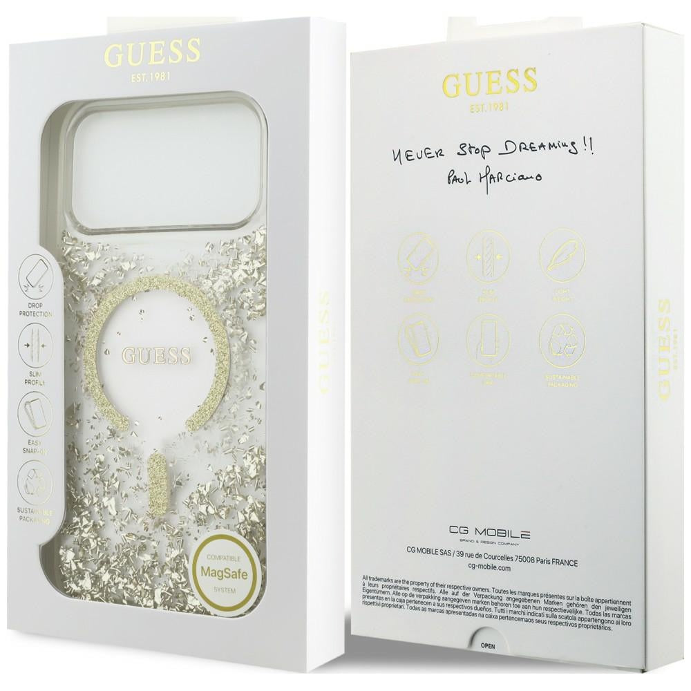 Funda MagSafe para Apple iPhone 18 Pro / 17 Pro, Guess, Fondo de Resina con Brillantina, Dorada