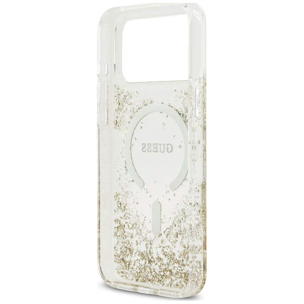 Funda MagSafe para Apple iPhone 18 Pro / 17 Pro, Guess, Fondo de Resina con Brillantina, Dorada