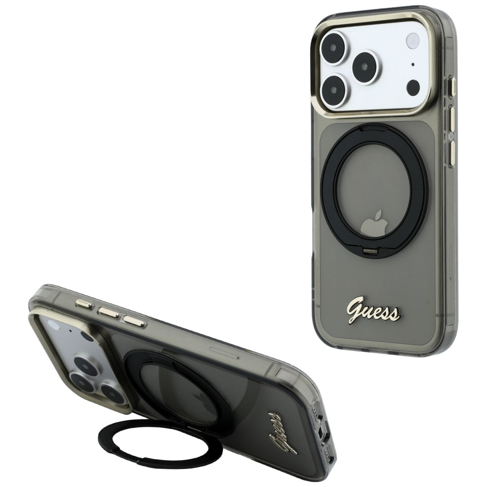 Funda MagSafe para Apple iPhone 18 Pro / 17 Pro, Guess, Soporte Anillo Logo de Metal Script, Negra