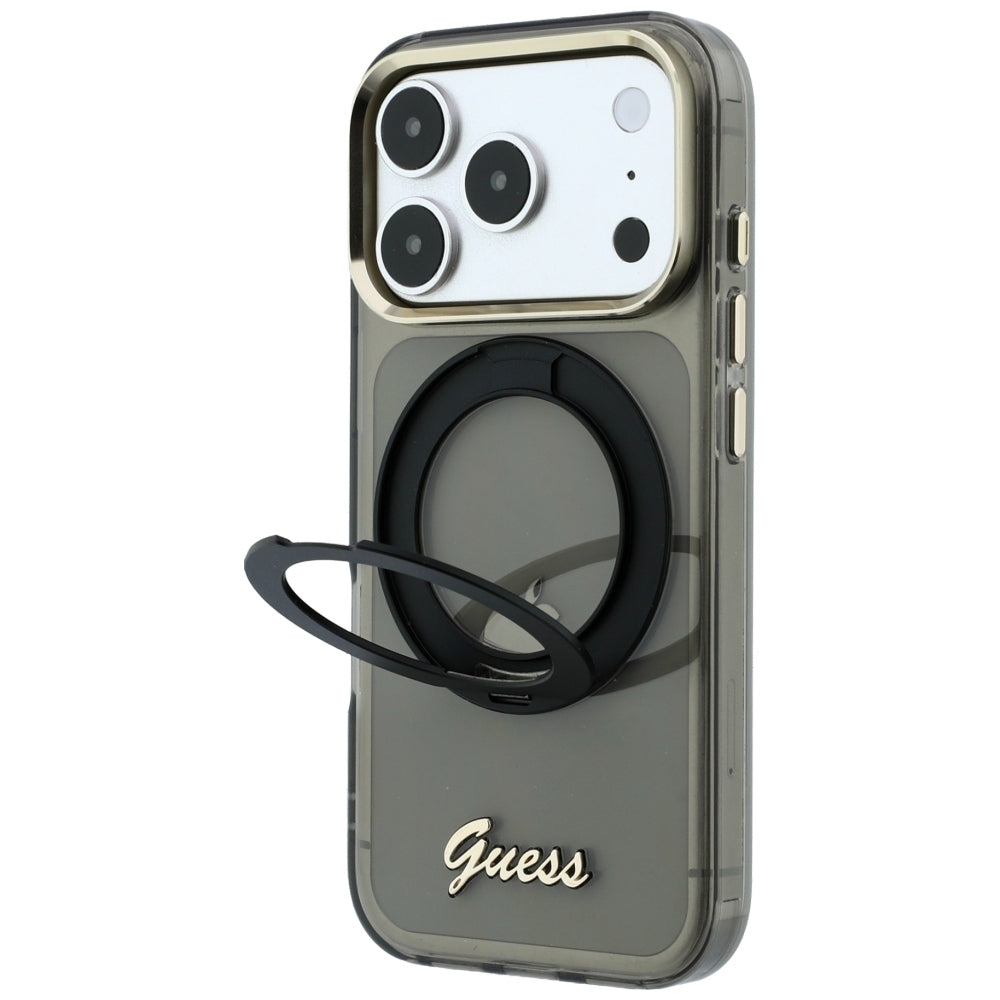 Funda MagSafe para Apple iPhone 18 Pro / 17 Pro, Guess, Soporte Anillo Logo de Metal Script, Negra