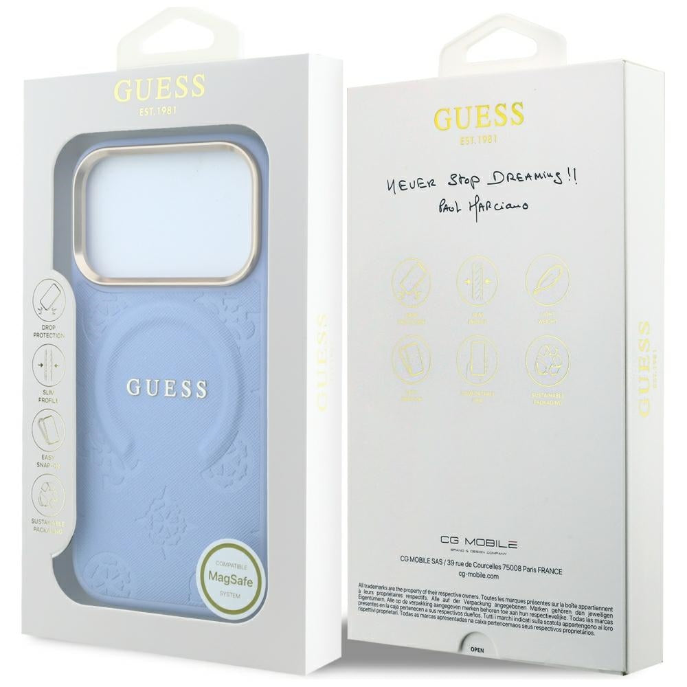 Funda MagSafe para Apple iPhone 18 Pro / 17 Pro, Guess, Saffiano Peony Ring, Azul