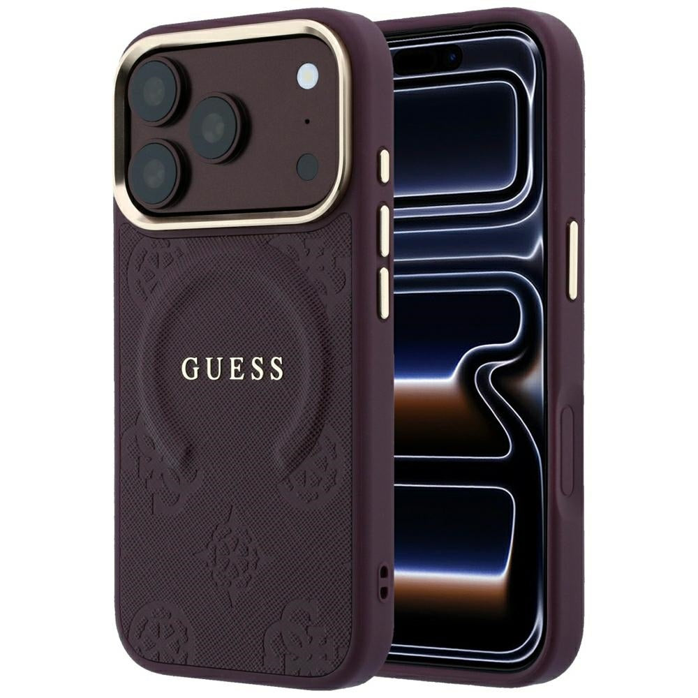 Funda MagSafe para Apple iPhone 18 Pro / 17 Pro, Guess, Saffiano Peony Ring, Granate