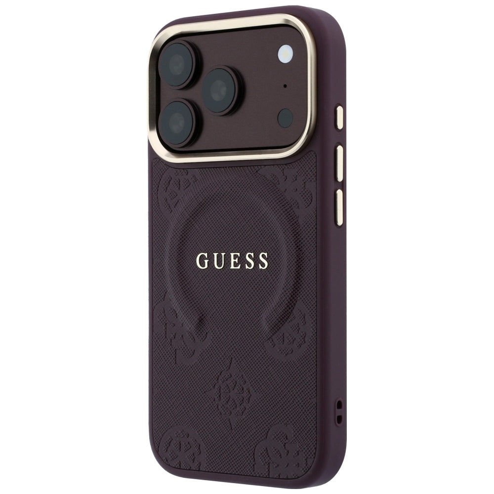 Funda MagSafe para Apple iPhone 18 Pro / 17 Pro, Guess, Saffiano Peony Ring, Granate