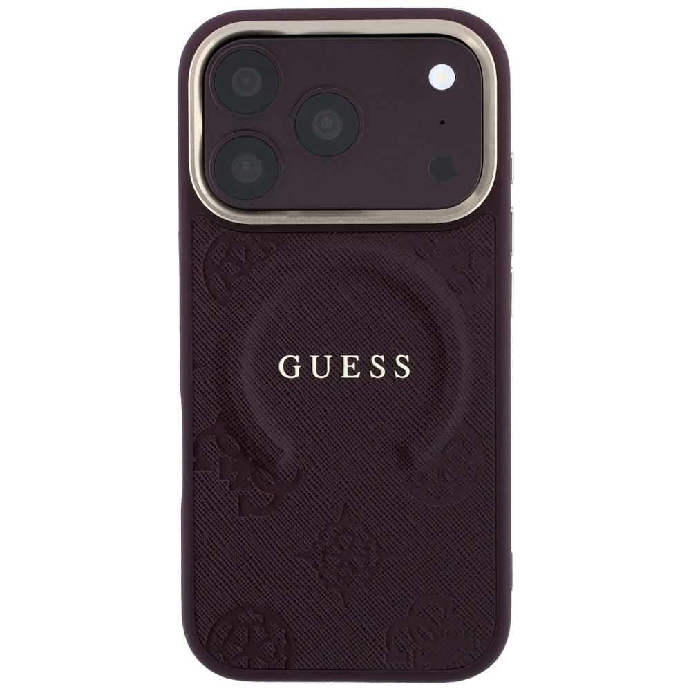 Funda MagSafe para Apple iPhone 18 Pro / 17 Pro, Guess, Saffiano Peony Ring, Granate