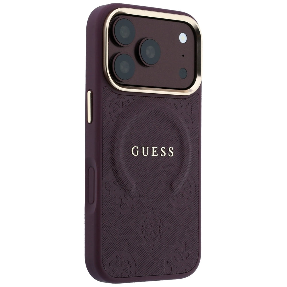 Funda MagSafe para Apple iPhone 18 Pro / 17 Pro, Guess, Saffiano Peony Ring, Granate