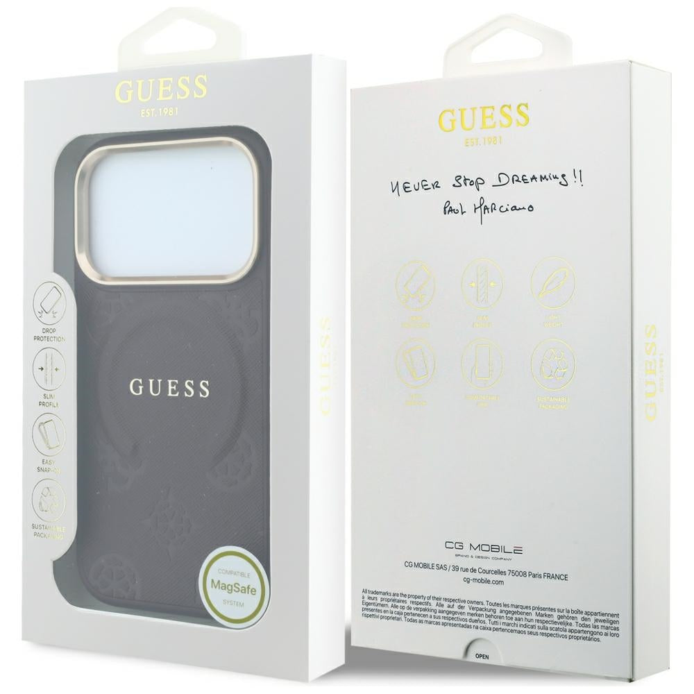 Funda MagSafe para Apple iPhone 18 Pro / 17 Pro, Guess, Saffiano Peony Ring, Granate