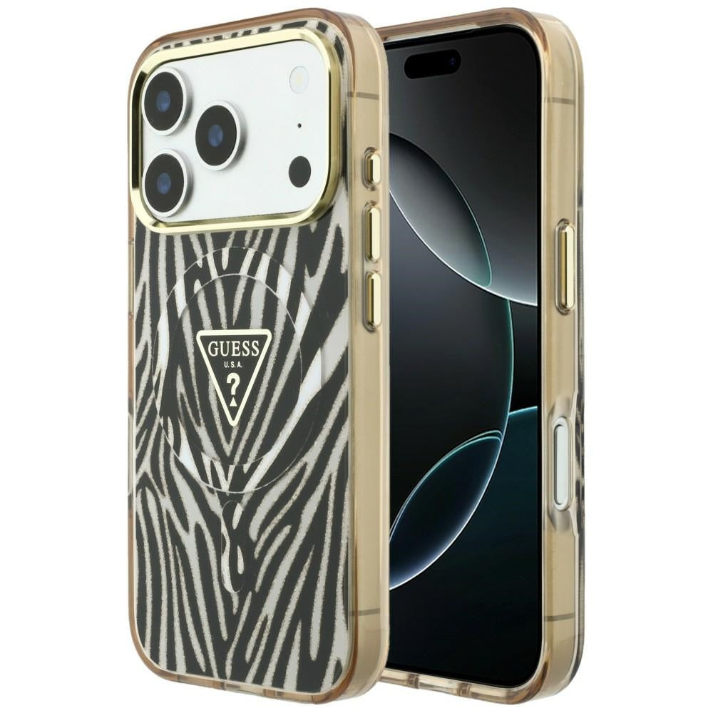 Funda MagSafe para Apple iPhone 18 Pro / 17 Pro, Guess, Logo Triángulo Brillante Cebra, Dorada