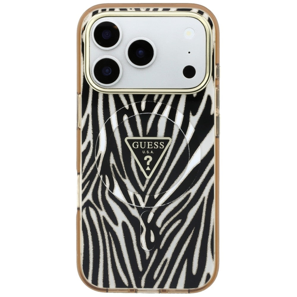 Funda MagSafe para Apple iPhone 18 Pro / 17 Pro, Guess, Logo Triángulo Brillante Cebra, Dorada