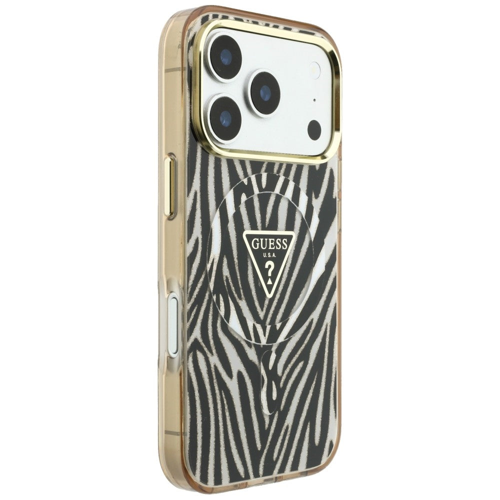 Funda MagSafe para Apple iPhone 18 Pro / 17 Pro, Guess, Logo Triángulo Brillante Cebra, Dorada