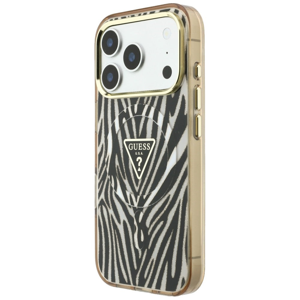 Funda MagSafe para Apple iPhone 18 Pro / 17 Pro, Guess, Logo Triángulo Brillante Cebra, Dorada