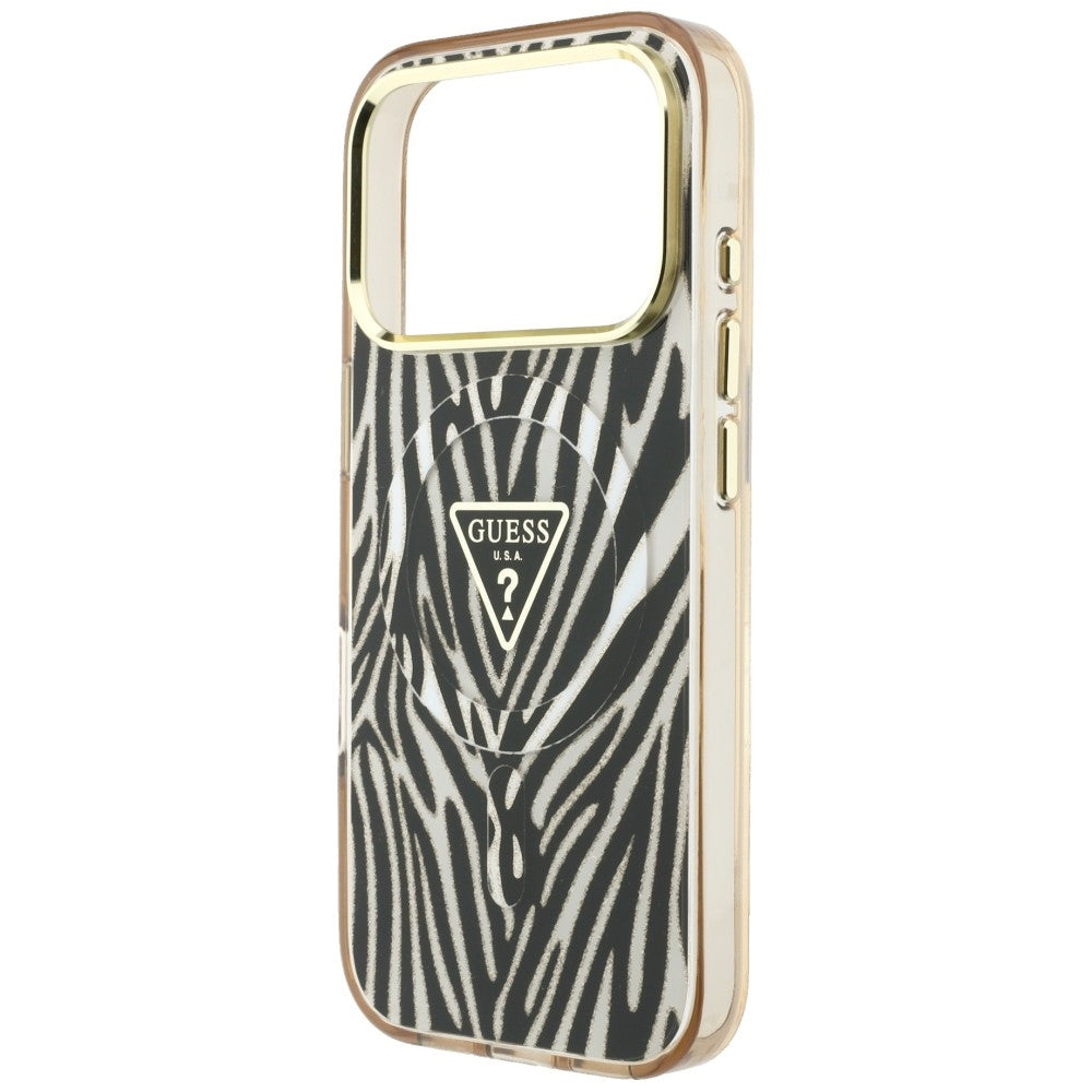 Funda MagSafe para Apple iPhone 18 Pro / 17 Pro, Guess, Logo Triángulo Brillante Cebra, Dorada