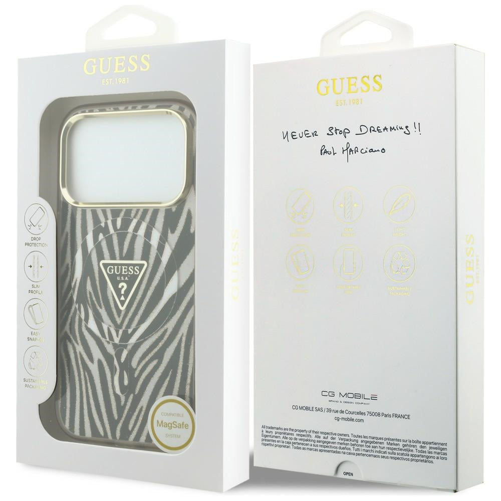 Funda MagSafe para Apple iPhone 18 Pro / 17 Pro, Guess, Logo Triángulo Brillante Cebra, Dorada