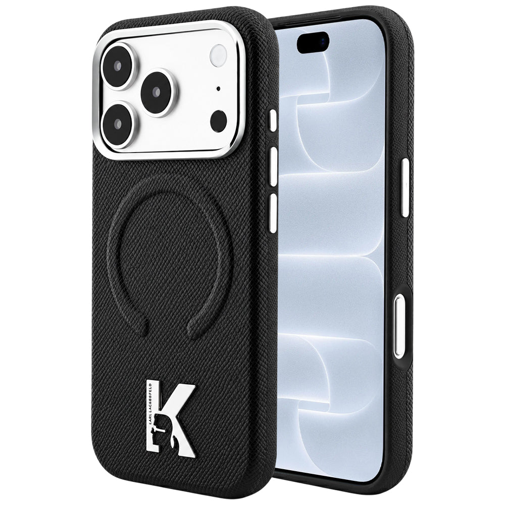 Funda MagSafe para Apple iPhone 18 Pro / 17 Pro, Karl Lagerfeld, Anillo en relieve granulada, Negra