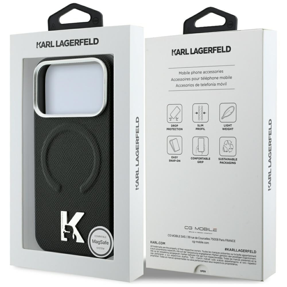 Funda MagSafe para Apple iPhone 18 Pro / 17 Pro, Karl Lagerfeld, Anillo en relieve granulada, Negra