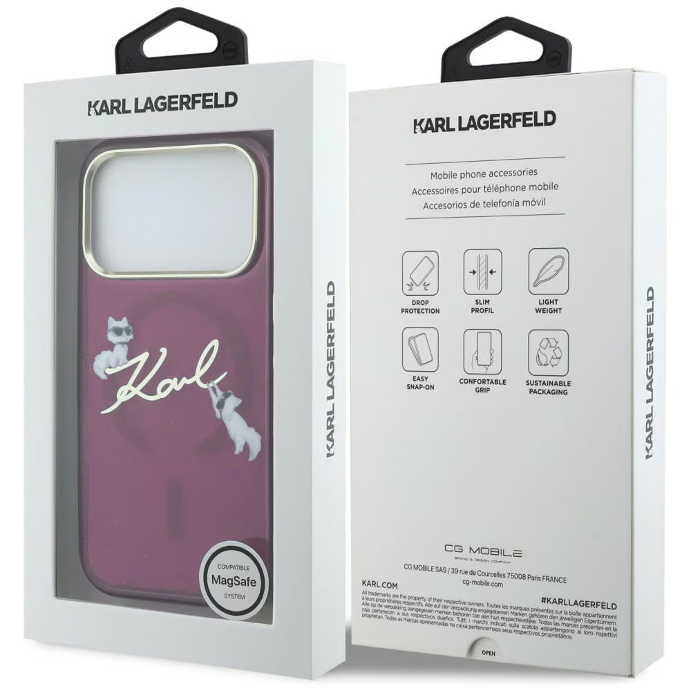 Funda MagSafe para Apple iPhone 18 Pro / 17 Pro, Karl Lagerfeld, IML Choupette Karl Script Logo, Burdeos
