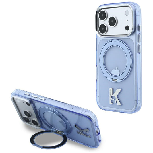 Funda MagSafe para Apple iPhone 18 Pro / 17 Pro, Karl Lagerfeld, Soporte de Anillo IML Kameo Metal, Azul