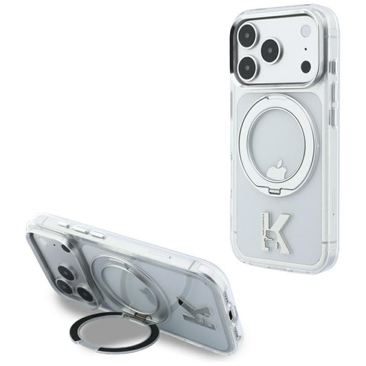 Funda MagSafe para Apple iPhone 18 Pro / 17 Pro, Karl Lagerfeld, Soporte de Anillo IML Kameo Metal, Transparente