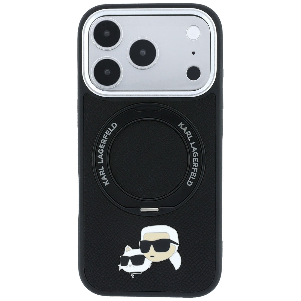Funda MagSafe para Apple iPhone 18 Pro / 17 Pro, Karl Lagerfeld, Soporte Anillo 360 Karl & Choupette Pin, Negra