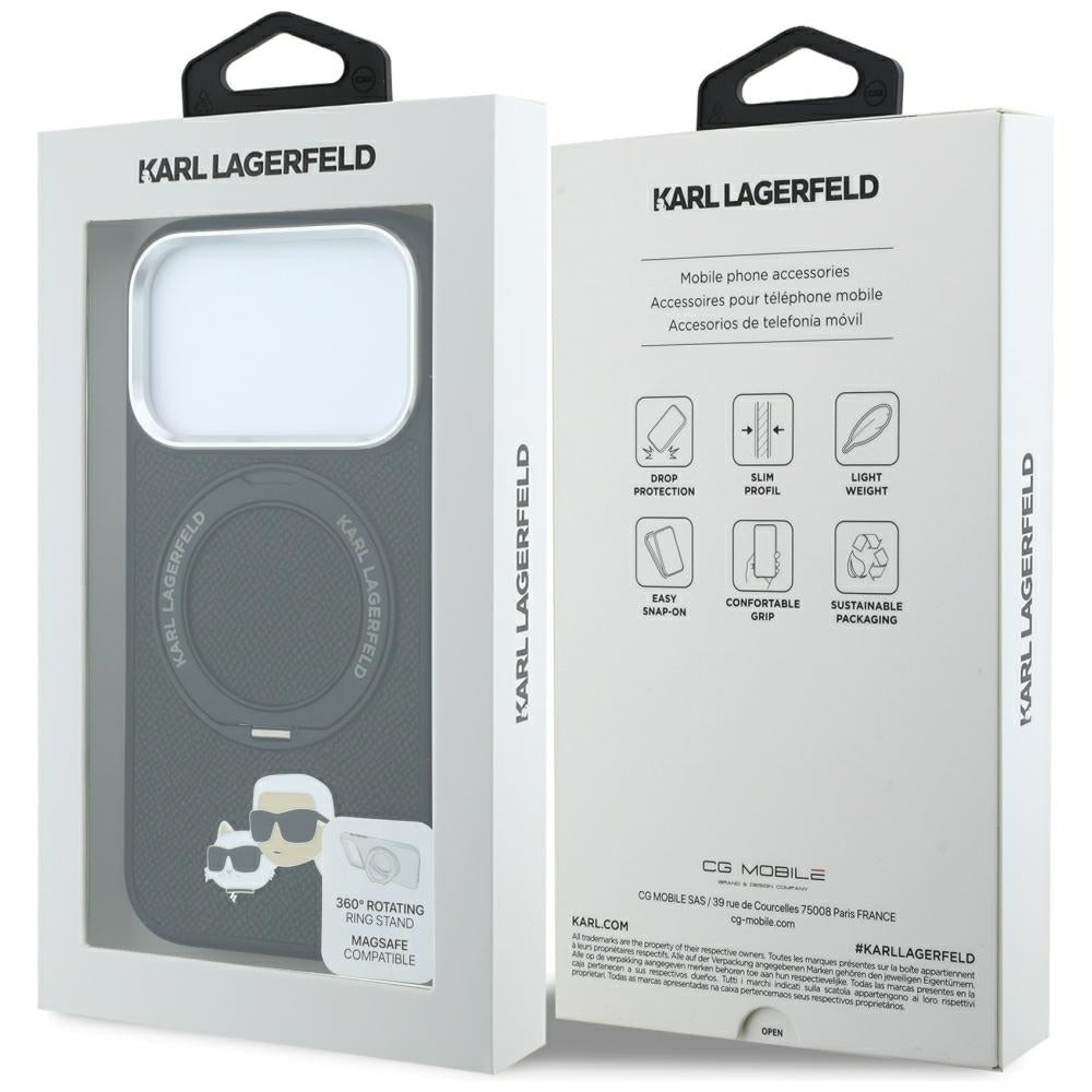 Funda MagSafe para Apple iPhone 18 Pro / 17 Pro, Karl Lagerfeld, Soporte Anillo 360 Karl & Choupette Pin, Negra