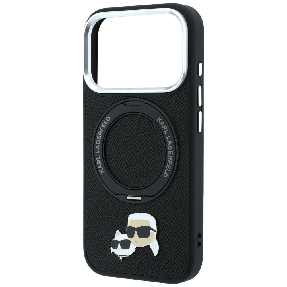Funda MagSafe para Apple iPhone 18 Pro / 17 Pro, Karl Lagerfeld, Soporte Anillo 360 Karl & Choupette Pin, Negra