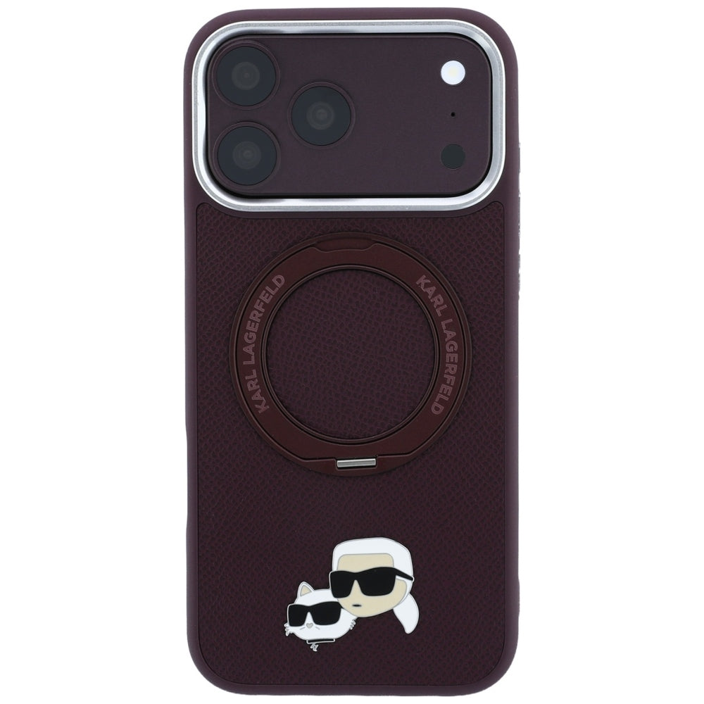 Funda MagSafe para Apple iPhone 18 Pro / 17 Pro, Karl Lagerfeld, Soporte Anillo 360 Karl & Pin Choupette, Burdeos