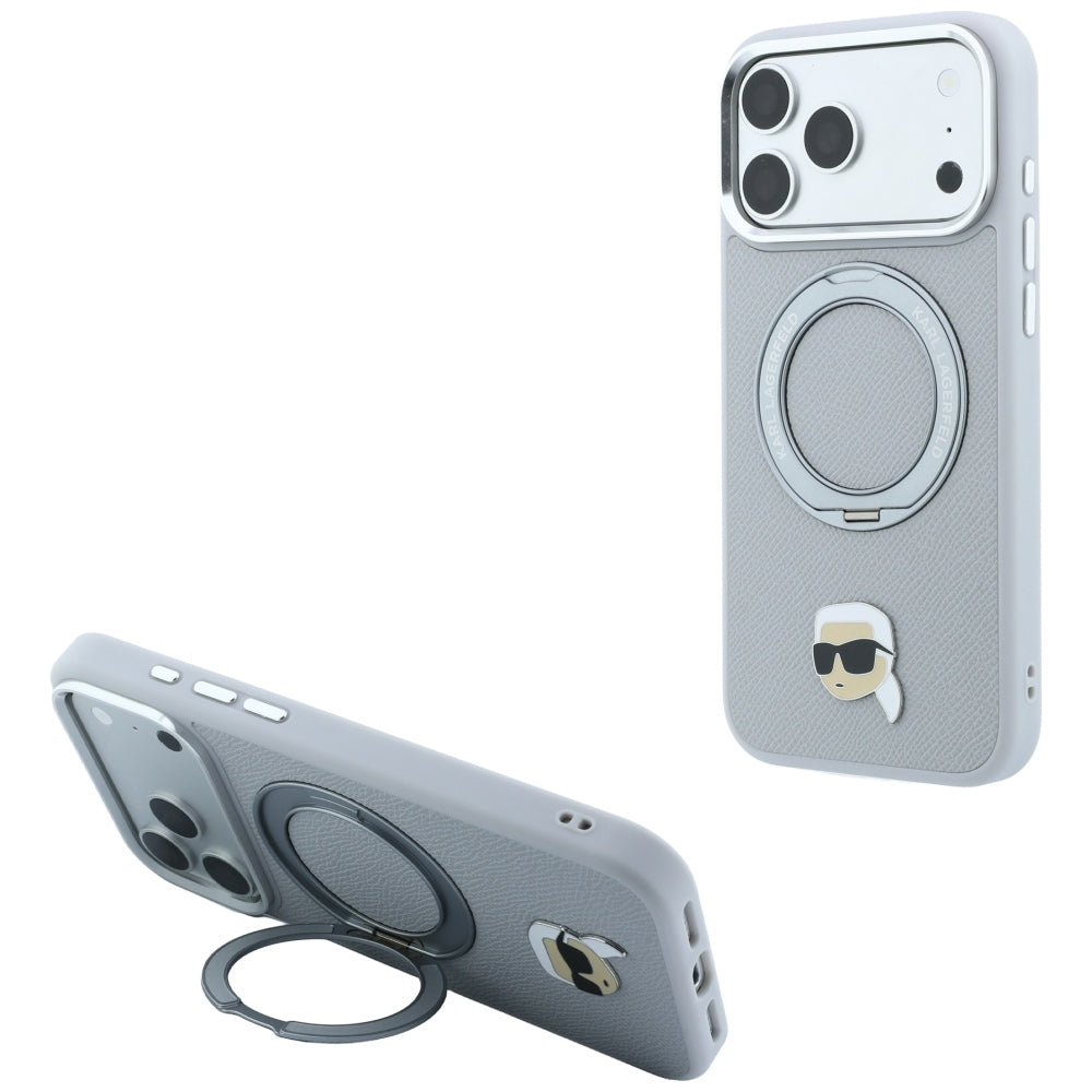 Funda MagSafe para Apple iPhone 18 Pro / 17 Pro, Karl Lagerfeld, Ring Stand 360 Karl Pin, Gris