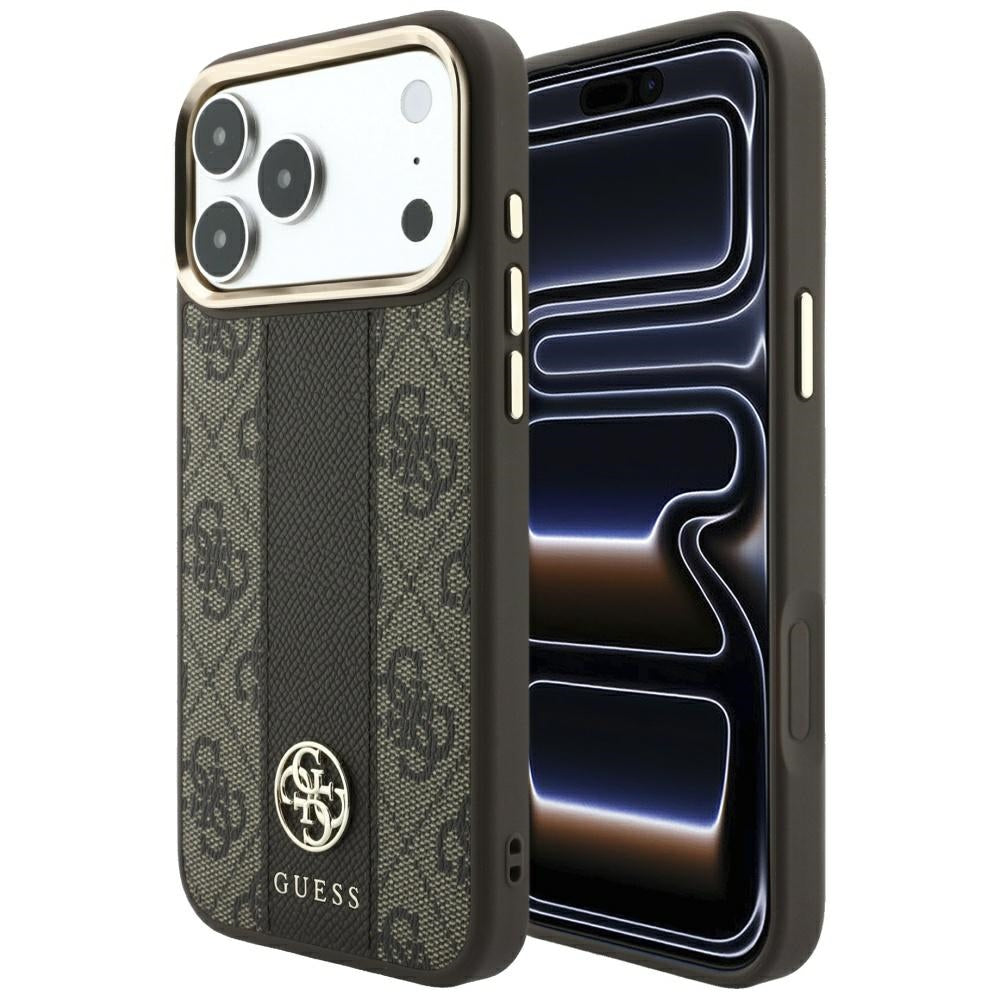 Funda MagSafe para Apple iPhone 18 Pro Max / 17 Pro Max, Guess, 4G Stripe Round Classic Logo, Marrón