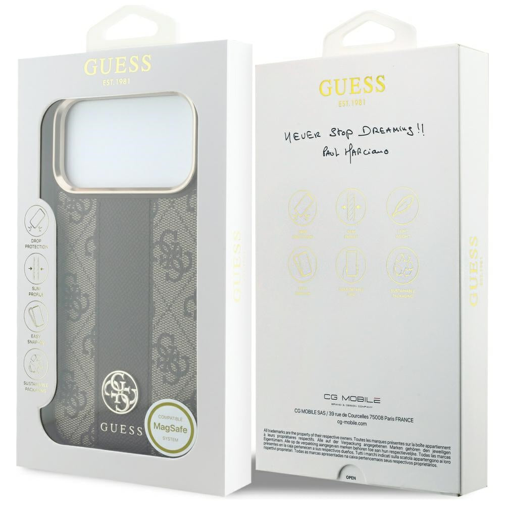 Funda MagSafe para Apple iPhone 18 Pro Max / 17 Pro Max, Guess, 4G Stripe Round Classic Logo, Marrón