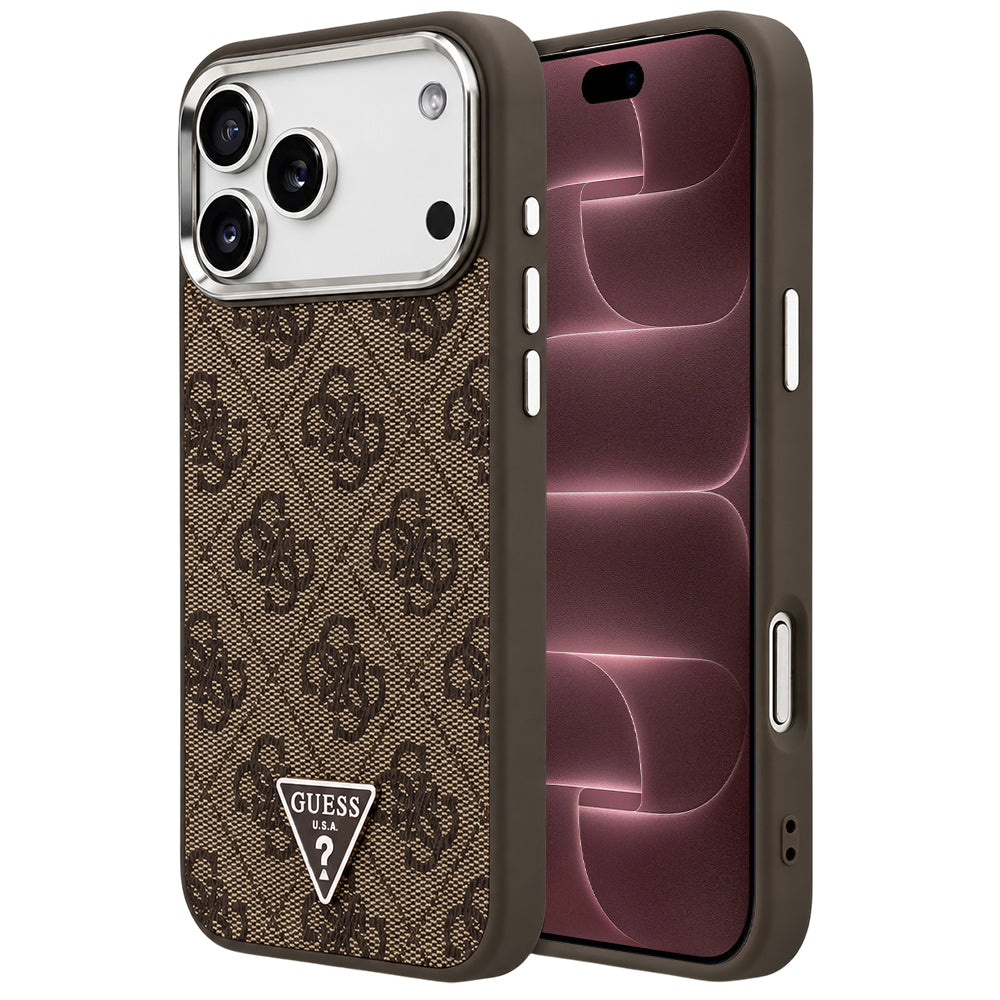 Funda MagSafe para Apple iPhone 18 Pro Max / 17 Pro Max, Guess, Logo Triángulo 4G, Marrón Plateado