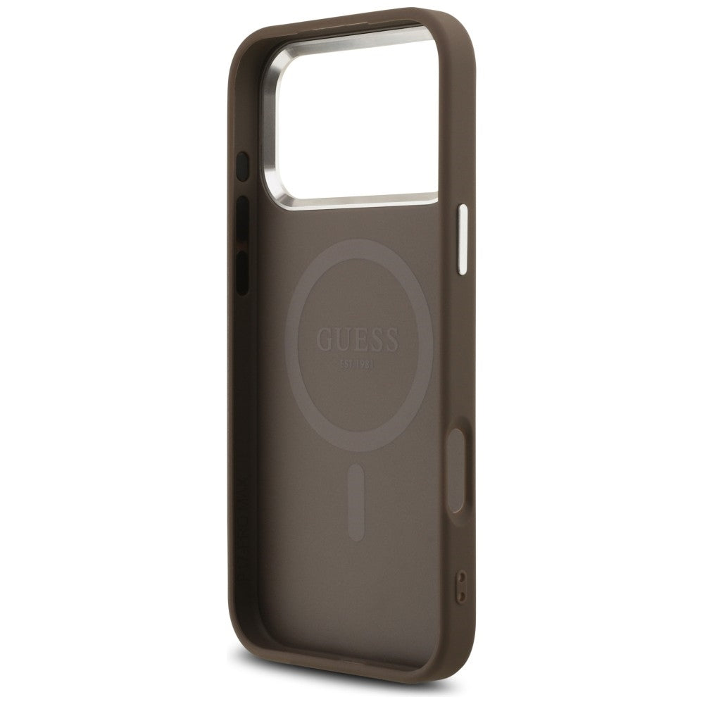 Funda MagSafe para Apple iPhone 18 Pro Max / 17 Pro Max, Guess, Logo Triángulo 4G, Marrón Plateado