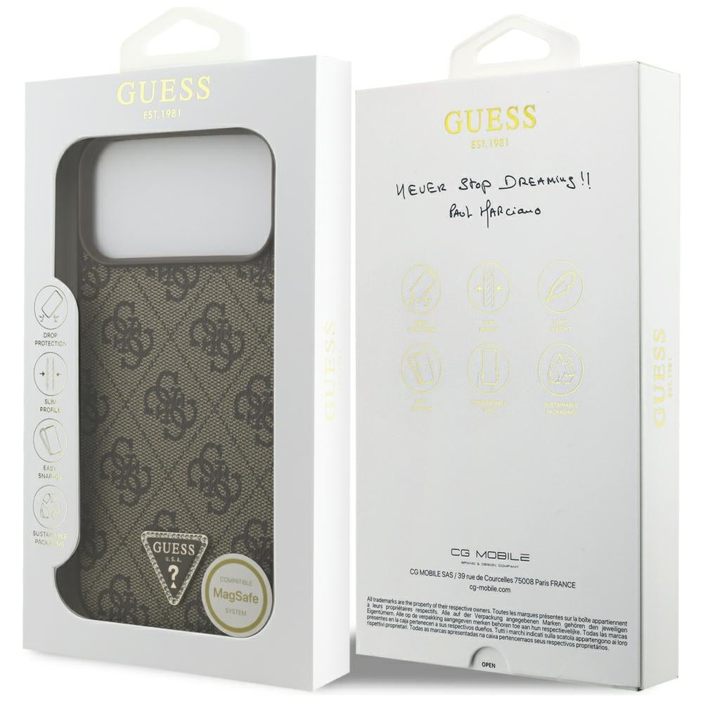 Funda MagSafe para Apple iPhone 18 Pro Max / 17 Pro Max, Guess, 4G Triangle Strass, Marrón