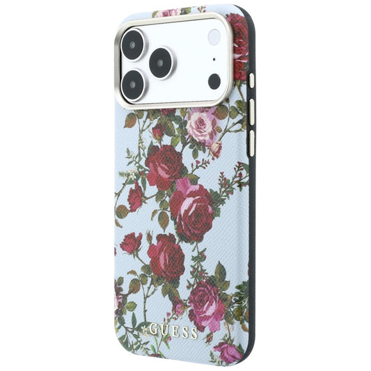 Funda MagSafe para Apple iPhone 18 Pro Max / 17 Pro Max, Guess, estampado Blossom Roses, azul.