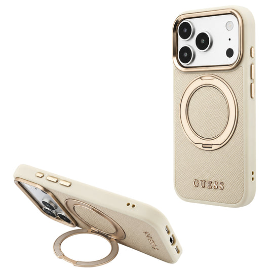 Funda MagSafe para Apple iPhone 18 Pro Max / 17 Pro Max, Guess, Soporte de Anillo Granulado 360 Clásico, Beige