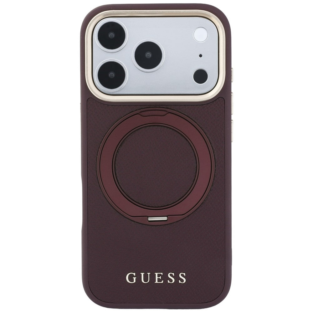 Funda MagSafe para Apple iPhone 18 Pro Max / 17 Pro Max, Guess, Soporte de Anillo Granulado 360 Clásico, Burdeos