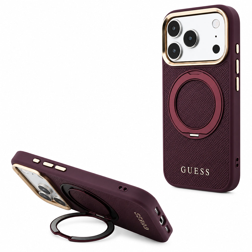 Funda MagSafe para Apple iPhone 18 Pro Max / 17 Pro Max, Guess, Soporte de Anillo Granulado 360 Clásico, Burdeos