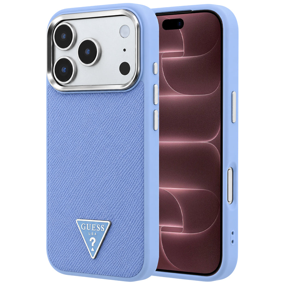 Funda MagSafe para Apple iPhone 18 Pro Max / 17 Pro Max, Guess, Logotipo Triángulo Granulado, Azul