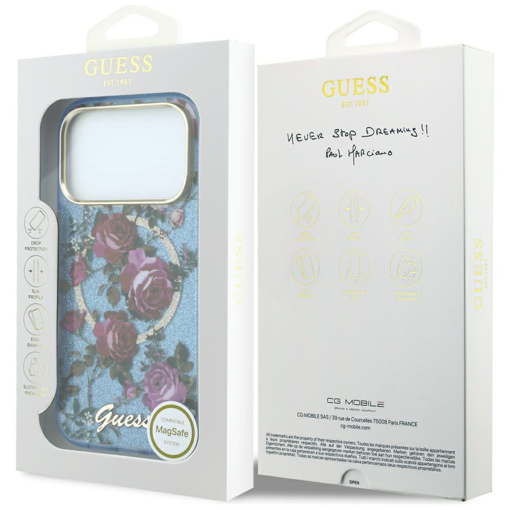 Funda MagSafe para Apple iPhone 18 Pro Max / 17 Pro Max, Guess, IML Glitter Blossom Roses, Azul